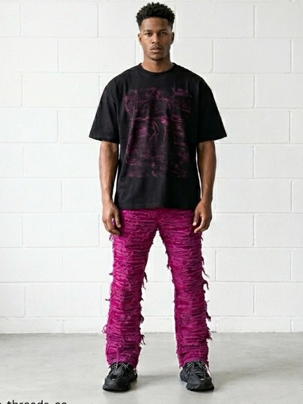 Politics Magenta Pink Heavily Distressed Shredded Stacked Jeans Mens Size 38